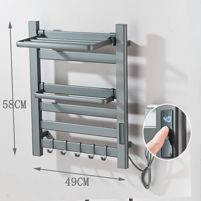 Black Bathroom Electric Heated Towel Rack with Digital Display Touch Thermostatic Dry Towel 304 Stainless Steel Heater