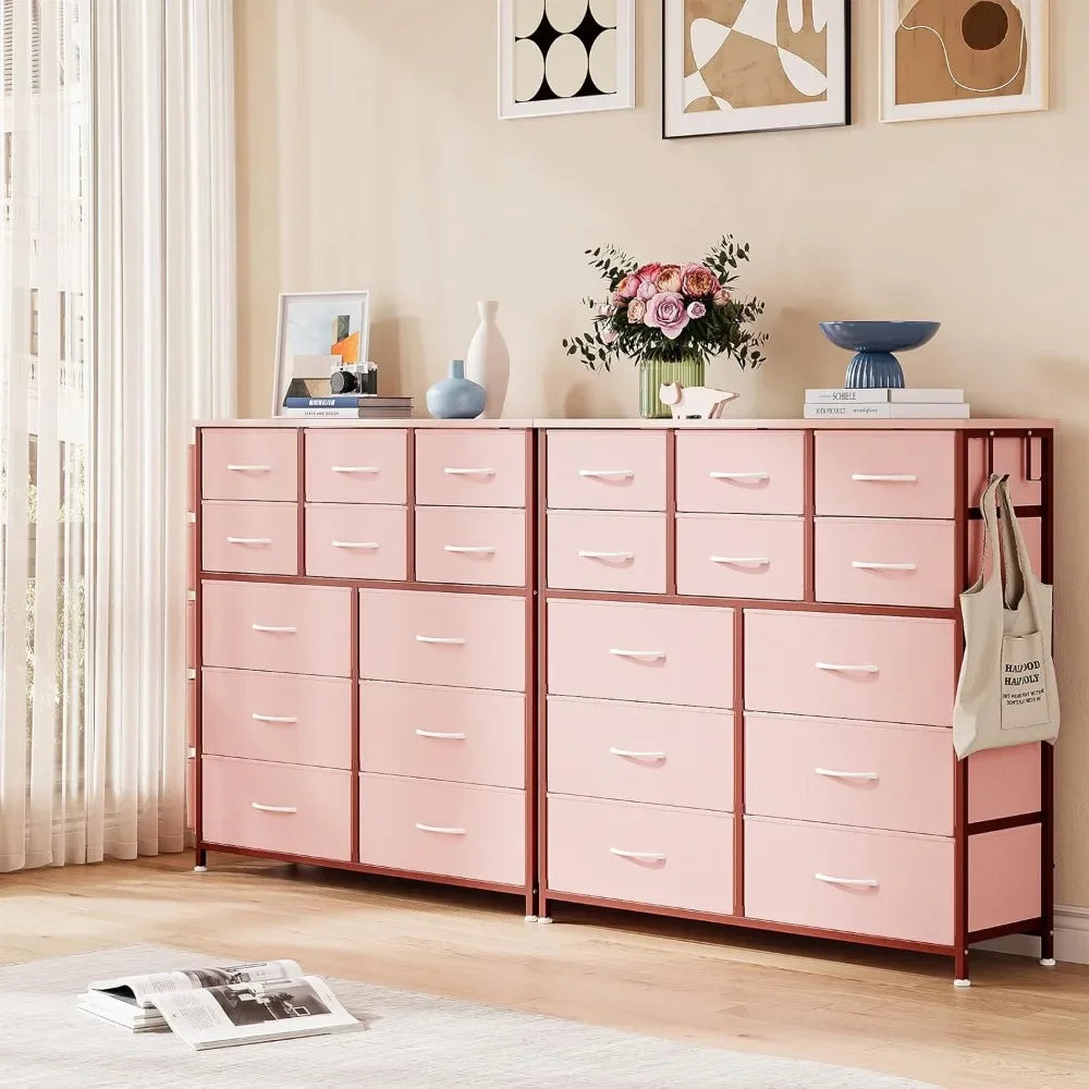 12 Dresser for Bedroom, Chest of Drawers for Bedroom with Side Pockets and Hooks, Fabric Storage Dresser, Sturdy Steel Frame