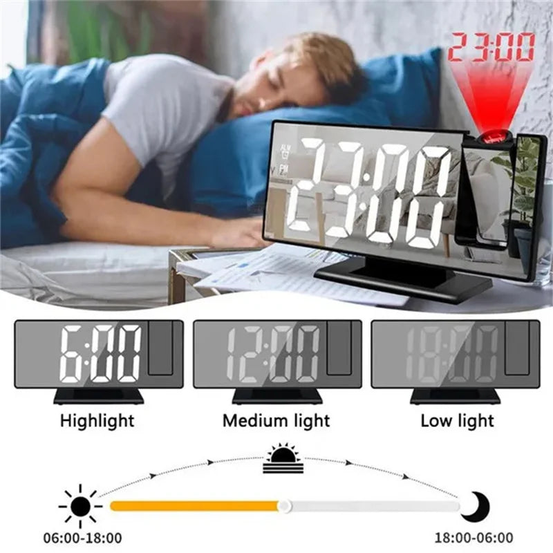 LED Digital Alarm Clock Specular Surface Electronic Desk Clock With Projection Time Temperature Clock Bedroom Bedside Decoration