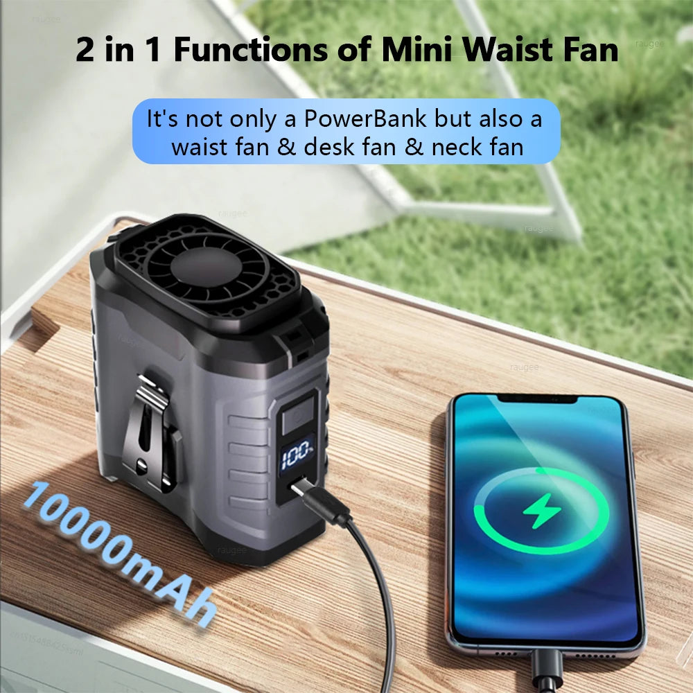 Waist Fan Mini Rechargeable Portable Fan with 10000mAh Power Bank USB