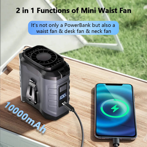 Waist Fan Mini Rechargeable Portable Fan with 10000mAh Power Bank USB