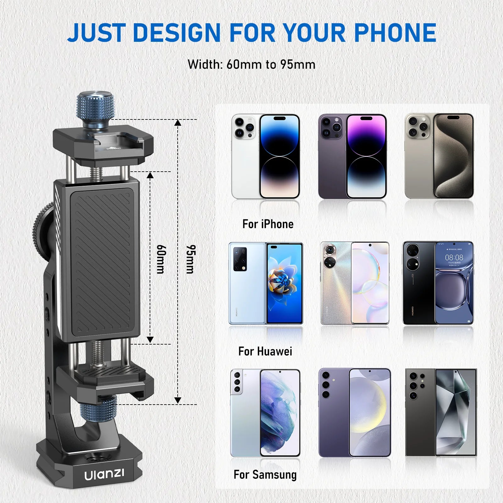 Ulanzi MA53 360 Rotation Metal Phone Holder Tripod Mount Cold Shoe Uka Arca Mount Clip Clamp with 60-95mm Width for Living Vlog