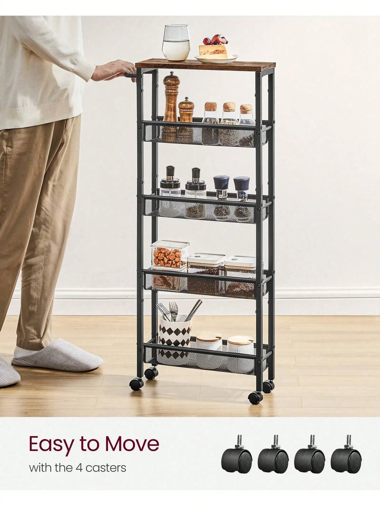 VASAGLE Slim Rolling Cart, 5-Tier Storage Cart, Narrow Cart with Handle, 5.1 Inches Deep, Metal Frame, for Kitchen, Dining Room