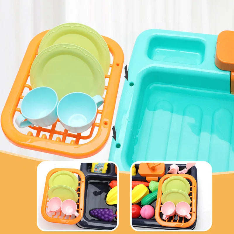Kid Simulation Electric Dishwasher Wash Sink  Running Water Toy Role Playing House Kitchen Pretend Game Food Fruit Girl Boy Gift