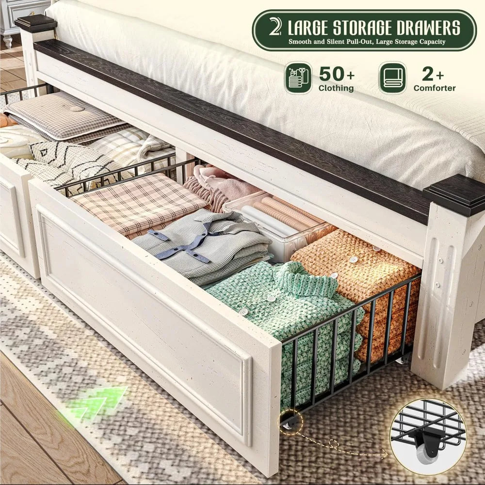 King Size Bed Frame with Storage Drawers and Headboard, Modern King Bed Frame with Storage,NO Noise,No Box Spring Needed