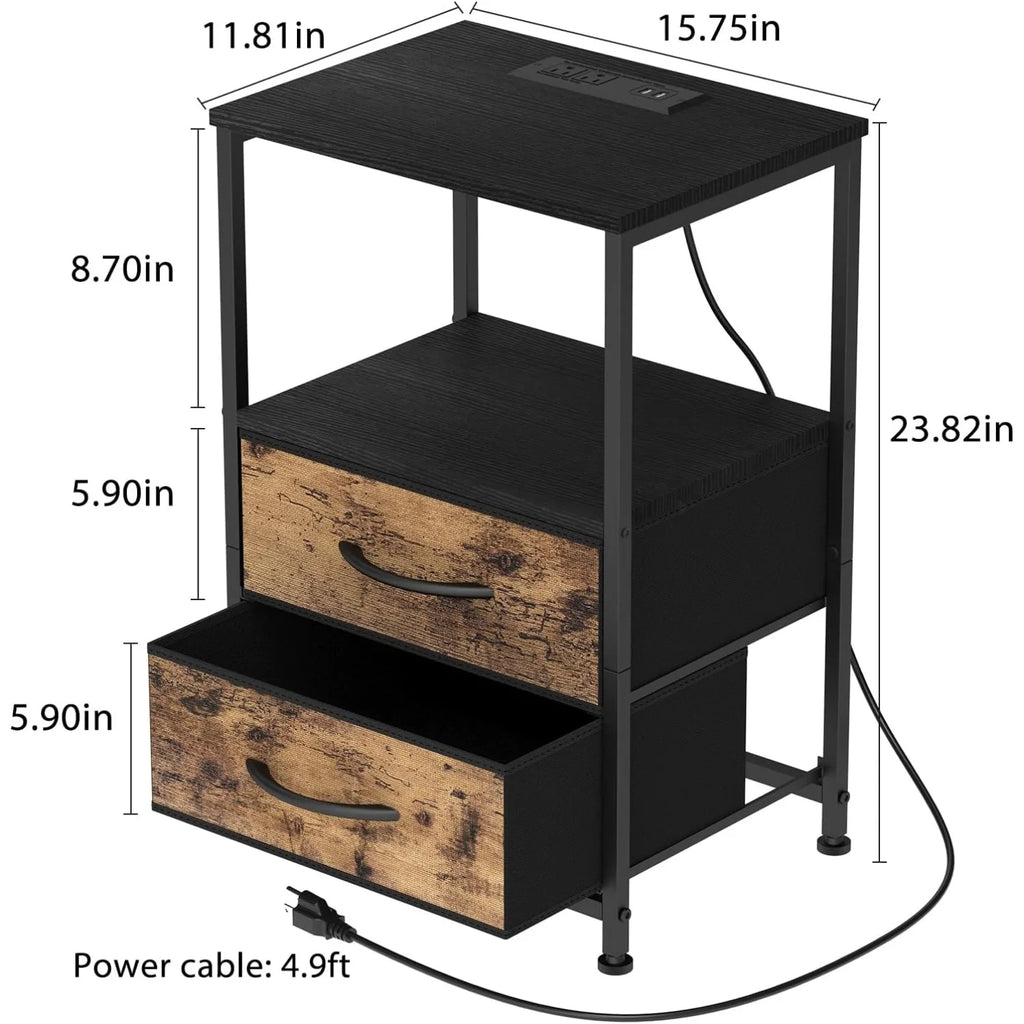 Nightstand with Charging Station - USB/Power, 2-Tier Bedside Table w/2 Drawers & Shelves, Compact for Bedroom/Living Room