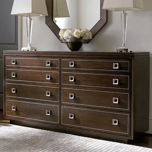High End Traditional American Style Bed Room Furniture Set Modern Oak Wood 8 Drawers Dresser with Mirror