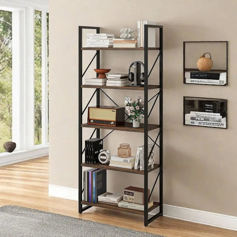 5 Tier Bookshelf Industrial Open Storage Organizer Freestanding Ladder Bookcase Durable Metal Frame Ample Display Space Home
