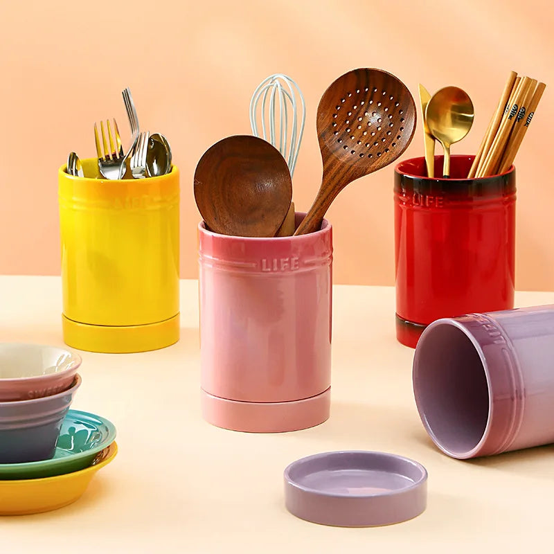 1 PCS Utensil Holder Canister Ceramic Kitchen Cutlery Organizer for Counter Porcelain Cooking Tableware Storage Drying Container