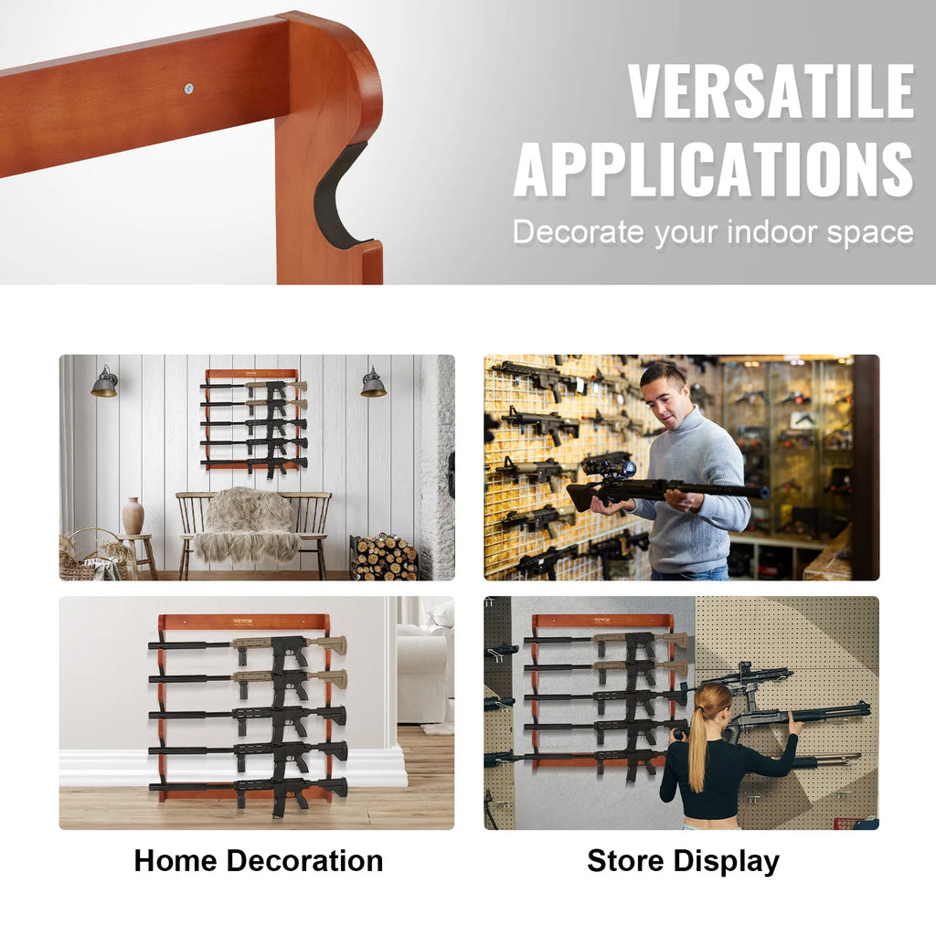 VEVOE Gun Rack Wood Gun Rack Wall Mount Gun Display Rack holds 4/5 Rifles Shotguns 132 lbs Heavy Duty Rifle Rack w/ Soft Padding