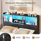 Floating Bed Frame with LED Lights and Headboard Storage, Visual Floating Bed with Charing Station,Queen Size Metal Platform Bed