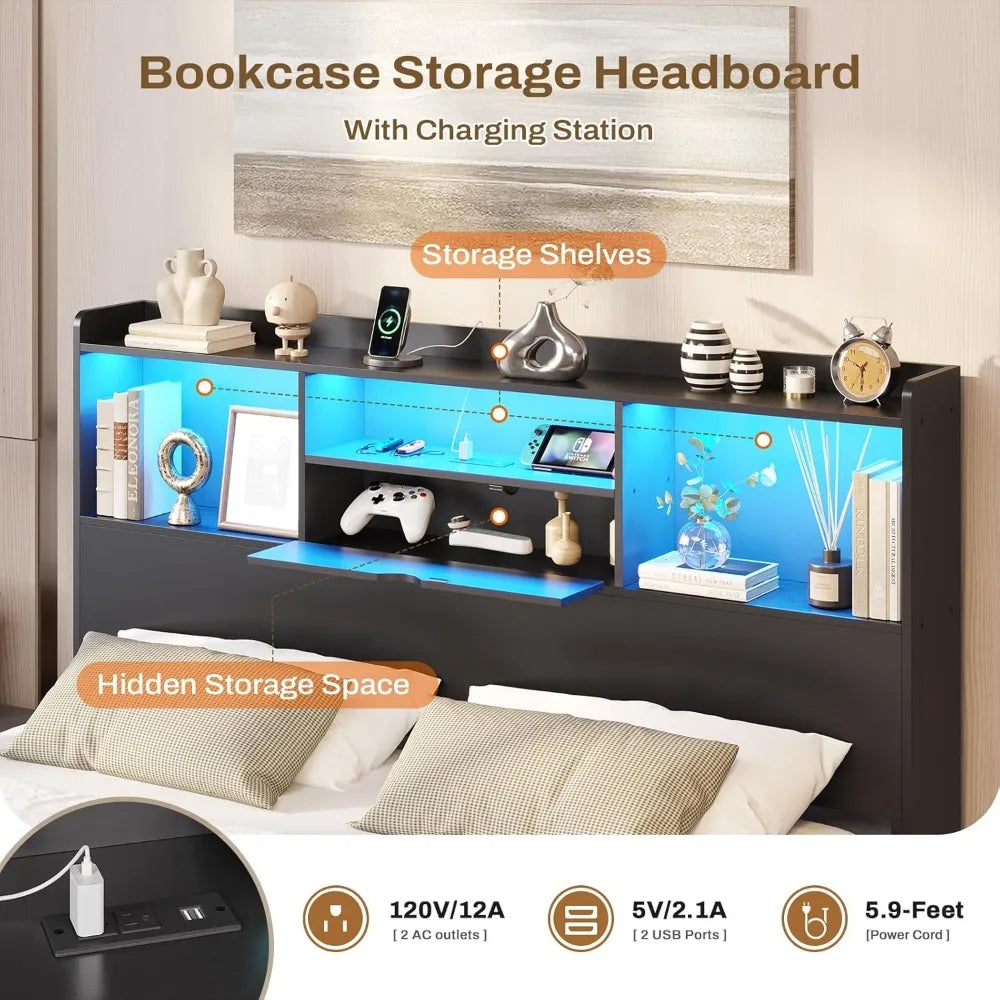 Floating Bed Frame with LED Lights and Headboard Storage, Visual Floating Bed with Charing Station,Queen Size Metal Platform Bed
