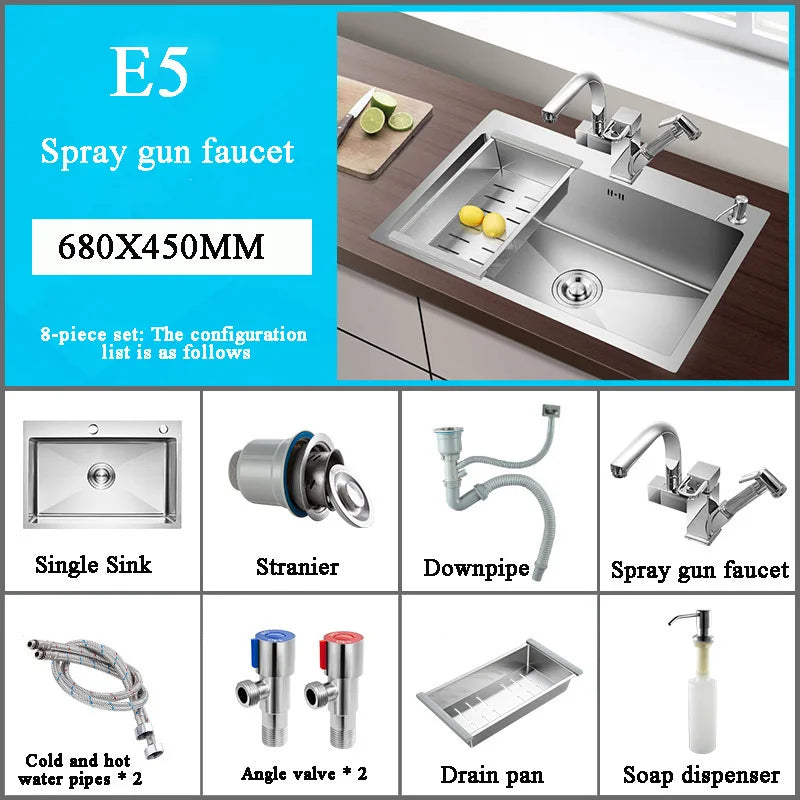 Stainless Steel Kitchen Sink Farm House Above Counter Undermounter Single Bowel Wash Basin with Faucet Drain Kitchen Accessories