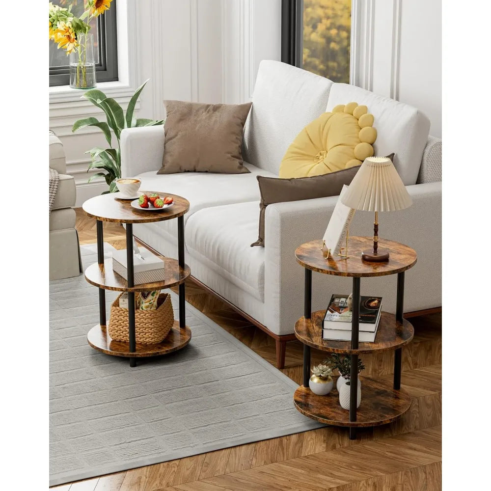 Small Round End Table - 3 Tier Design Accent Table, Narrow Side or Bedside Stand, Industrial Vintage Nightstand