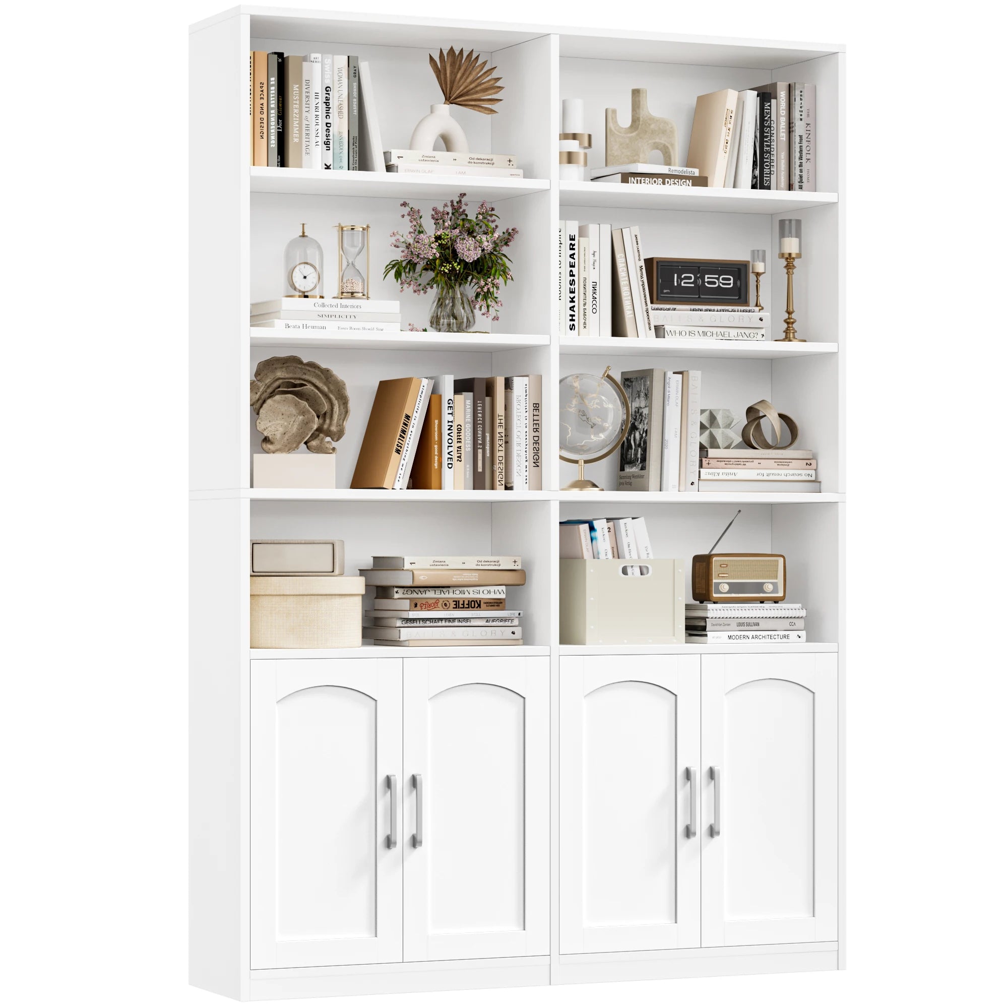 Getone Bookshelf Books wardrobe high wardrobe with 12 compartments 4 doors standing rack for living room office kitchen 115x27x185.5 cm