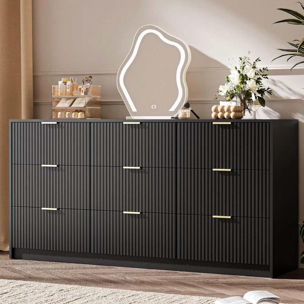 Black Dresser for Bedroom, 9 Drawer Double Dresser, Modern Chest of Drawers for Bedroom, Living Room, Entryway and Closet, 63" L