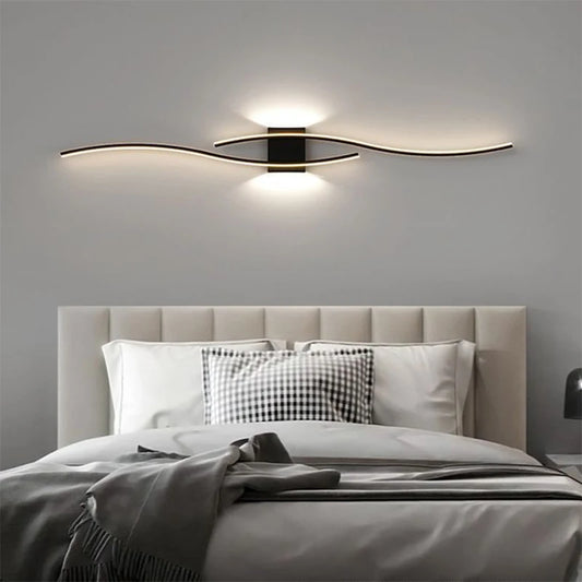 Modern LED Strip Wall Sconce - Double Curve, Remote, Black Gold, Bedside Bedroom | AlluCanFind