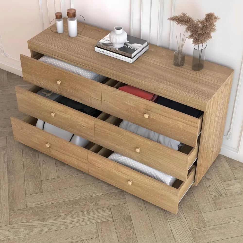 Dresser for Bedroom 6 Drawer Wood Dresser 58.3" Wide, Large Chest of Drawers for Bedroom, Living Room, Hallway, Entryway, Modern
