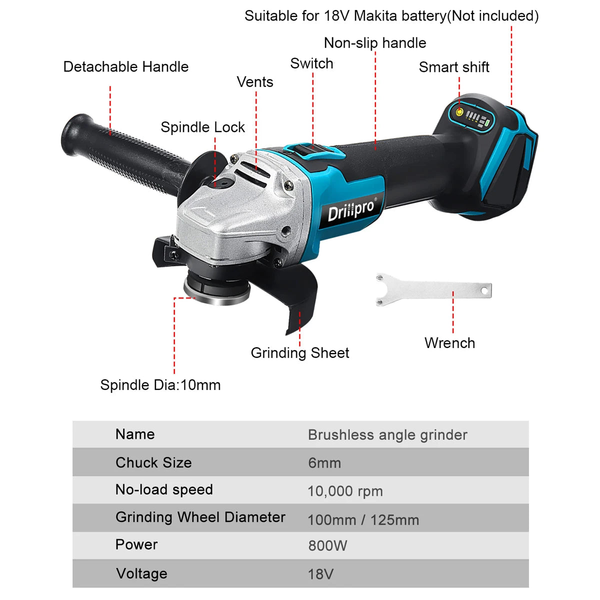 Drillpro 800W 125MM Brushless Electric Angle Grinder 4 Speed Cutting Machine DIY Woodworking Power Tools For Makita 18V Battery