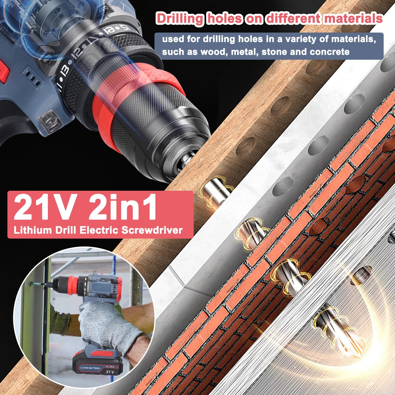 21V 2in1 Lithium Drill Electric Screwdriver Power Tool 55Nm Torque Brushless Motor Practical Screw Driver for Home Appliances