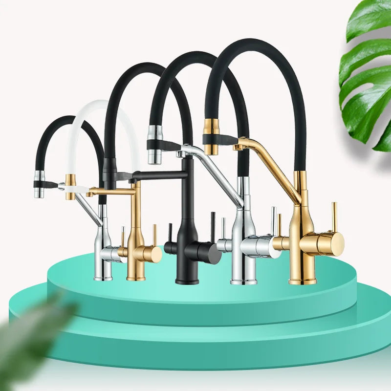 Kitchen Purified Water 2 Function Brass Cold and Hot Mix Faucet Black Flexible Water Pipe 360 Rotate Filtered Water Deck Install