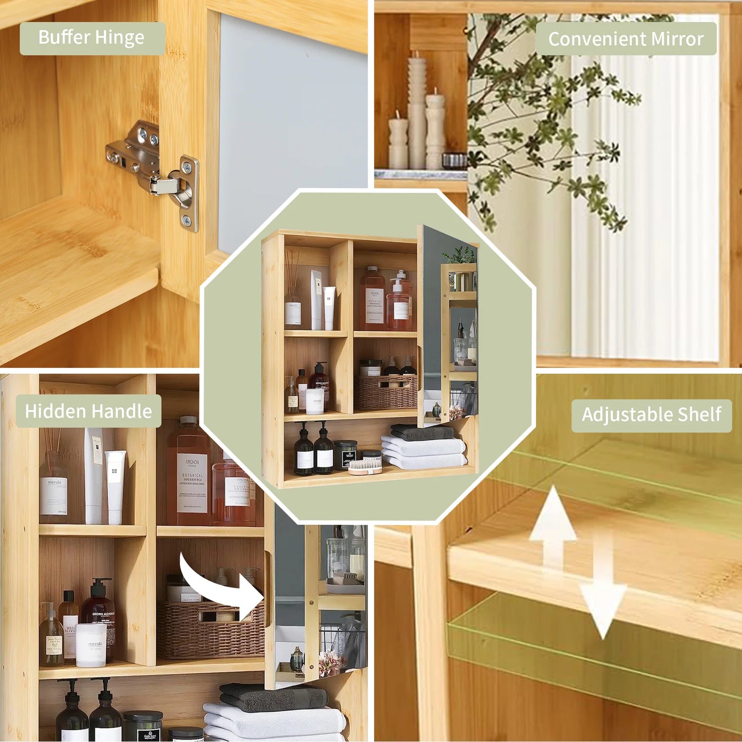 Wall Medicine Cabinet Natural Bamboo Bathroom Storage Cabinet with Mirror