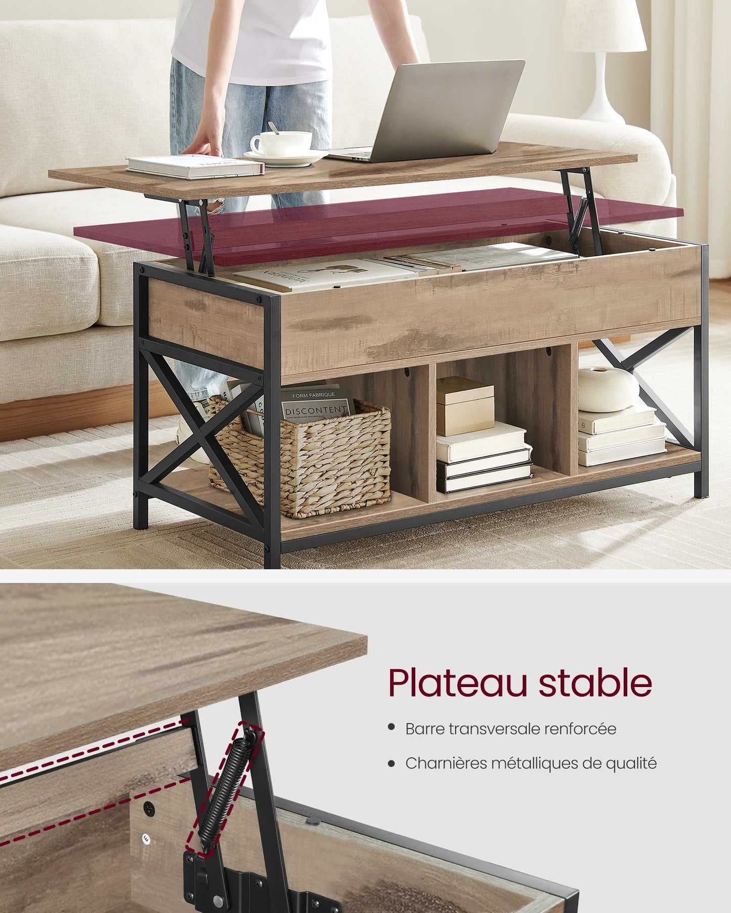 Coffee Table, Lift-Up Coffee Table, Steel Frame, 50 x 100 x (46.5-62) cm, Camel Brown and Black