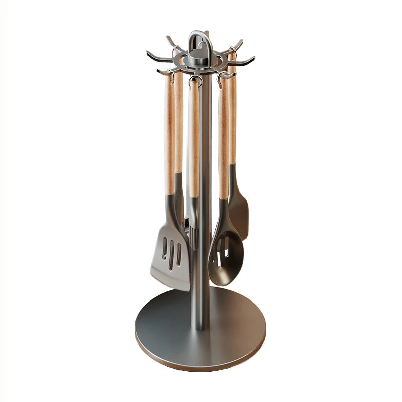 Kitchen Utensil Stand: Rotating Storage Hanger with 8 Hooks, for Countertop Organization Rotatable Cooking Utensils Holder