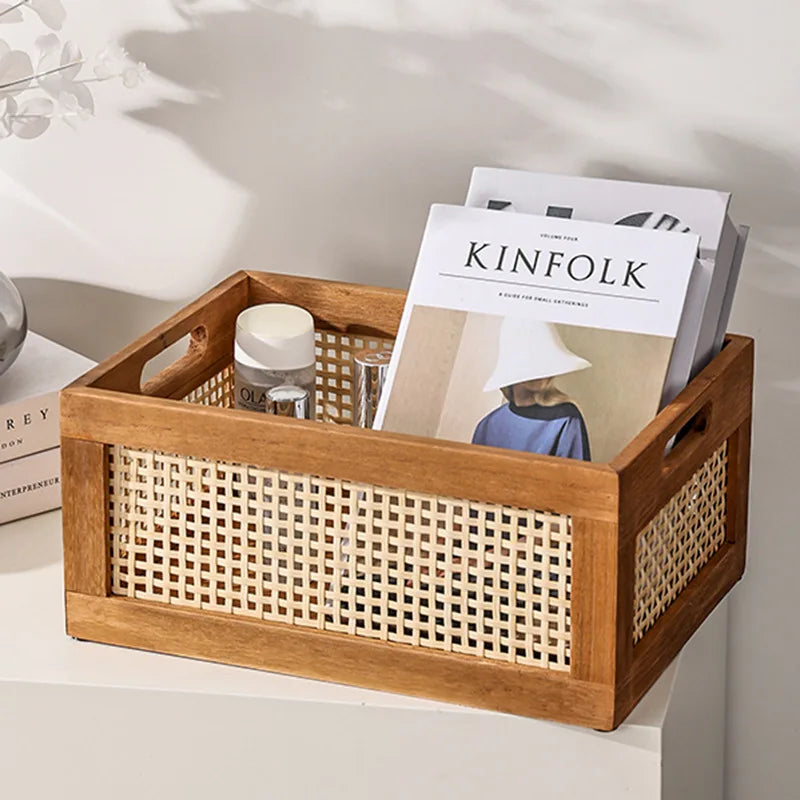 Kitchen Desktop Solid Wood Storage Box Retro Rattan Basket Book Snacks Cosmetics Organizer Home Appliance Bathroom Accessories