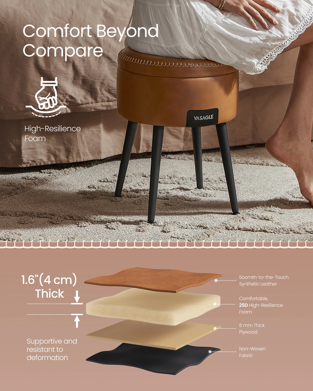 VASAGLE EKHO Collection - Storage Ottoman, Dressing Table Stool, Synthetic Leather with Stitching and steel Legs, Loads 150