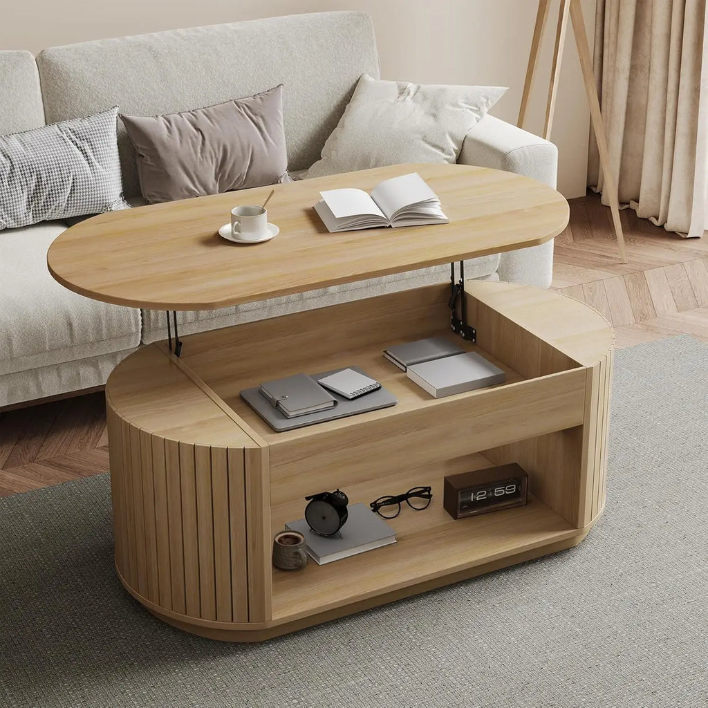 47-Inch Lift Top Wood Coffee Table with Hidden Storage Compartment and Open Shelf for Living Room, Fluted Oval Center Tea Table