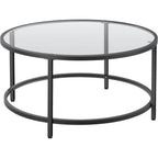 36" Round Glass Coffee Table, Black Circle Coffee Table Center Table with Glass Top, Small Coffee Table