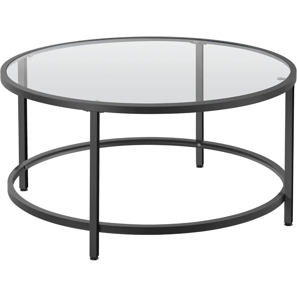 36" Round Glass Coffee Table, Black Circle Coffee Table Center Table with Glass Top, Small Coffee Table