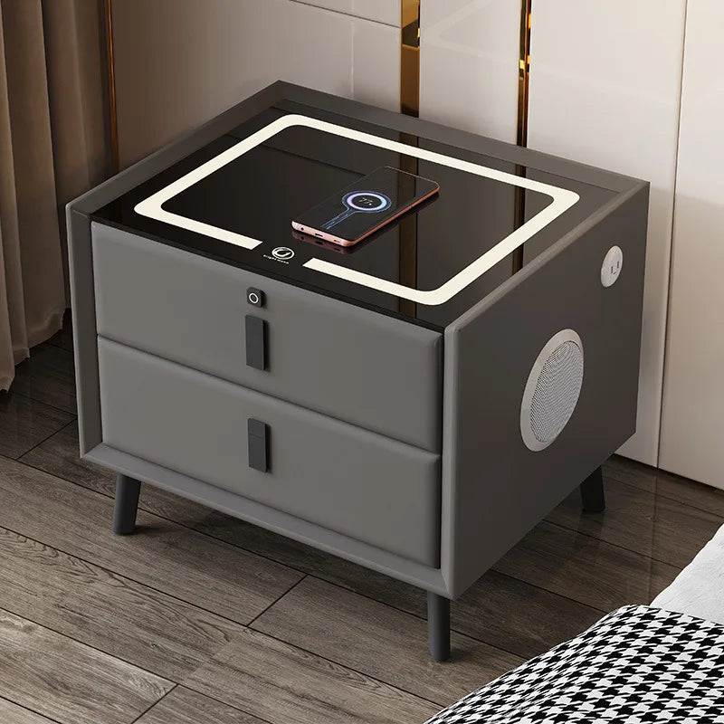 Nordic Style Smart Bedside Table with 2 Drawers 50cm Leather Nightstan