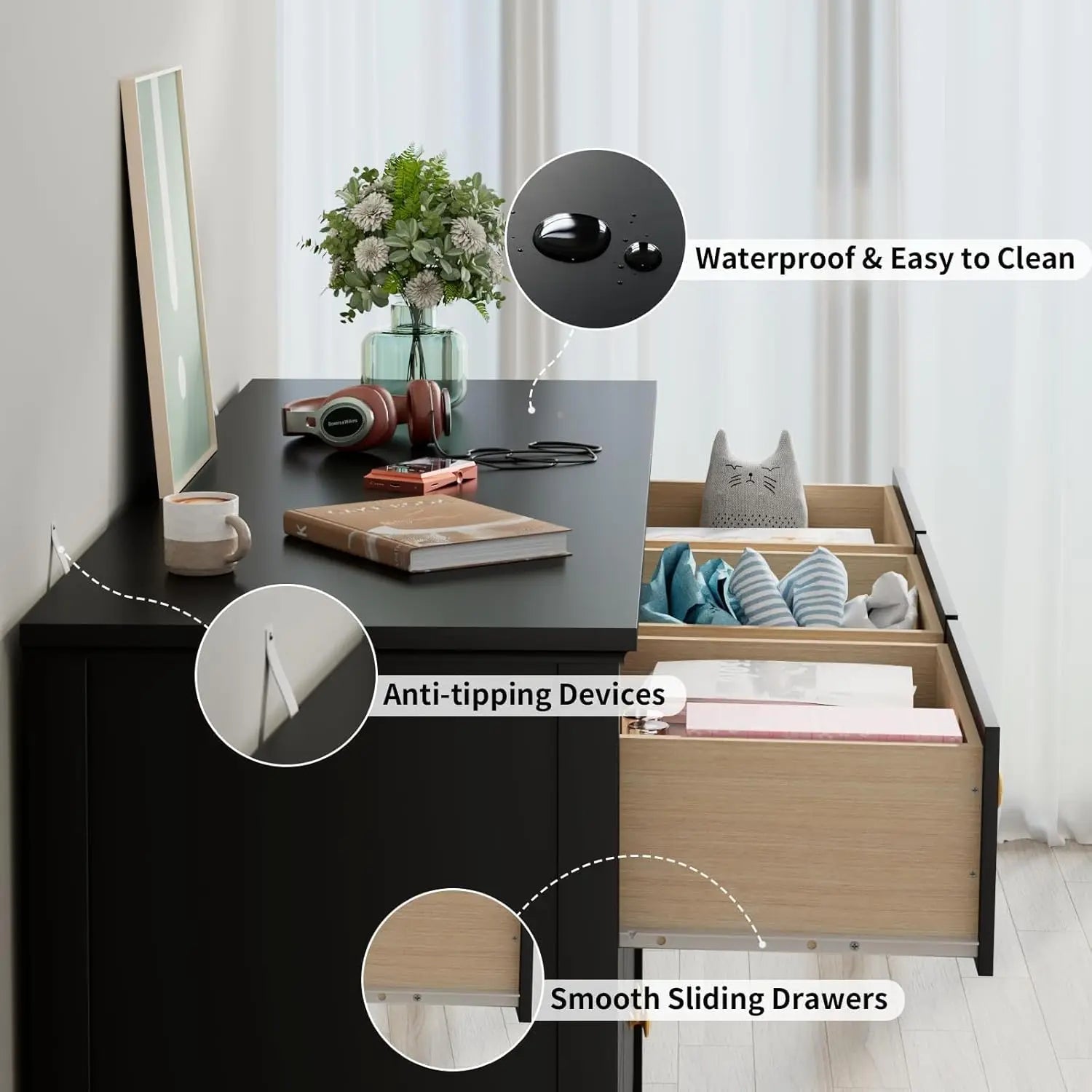 7 Drawers Dresser for Bedroom, Black Dressers & Chests of Drawers with Gold Handles and 7 Large Drawer, Wooden Storage Cabinet