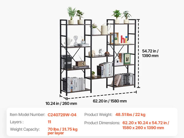 SucceBuy Metal Bookshelf 3-14-Tier Tall Industrial Bookshelf Vintage Display Storage Bookcase with Open Shelves for Home Office