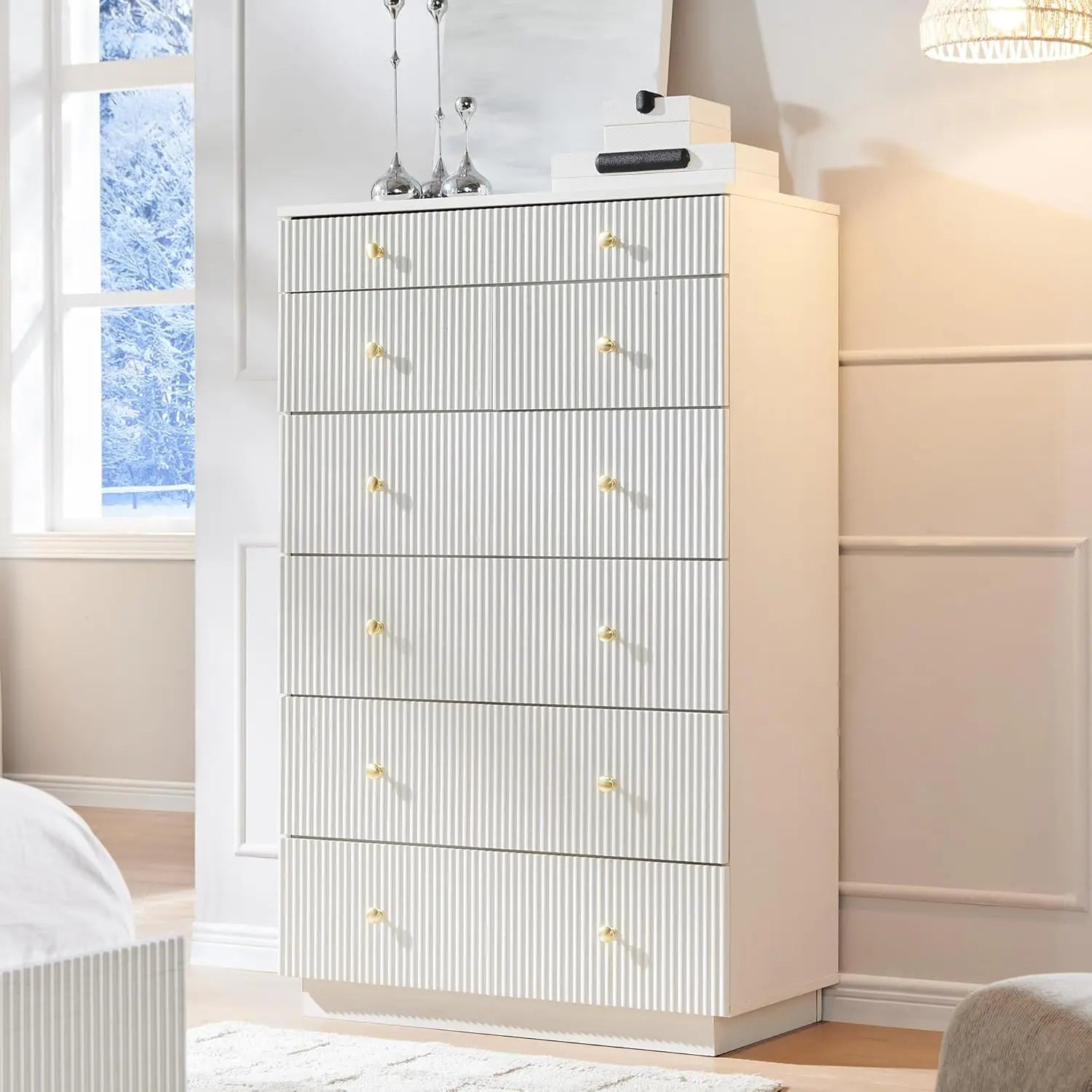 Fluted Dresser for Bedroom, 48" H 7 Drawer Dressers, Wood Tall Dresser Storage Organizer, Modern Bedroom Chest with Deep Storage