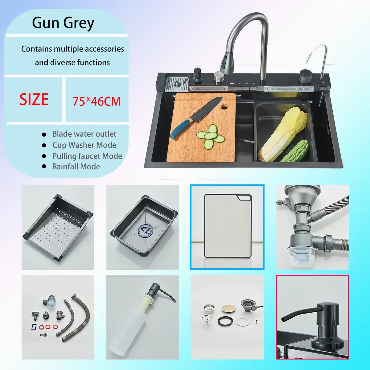 Gun Grey 304 Stainless Steel Waterfall Drainage Kitchen Sink Integrated Digital Display Faucet Set Soap Dispenser Vegetable Pool