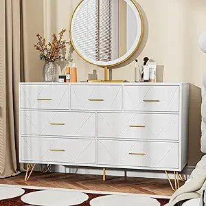 Dresser for Bedroom, 7 Drawer Black Wooden Dresser with Gold Handles, Modern Storage Dressers & Chests of Drawers for Hallway,