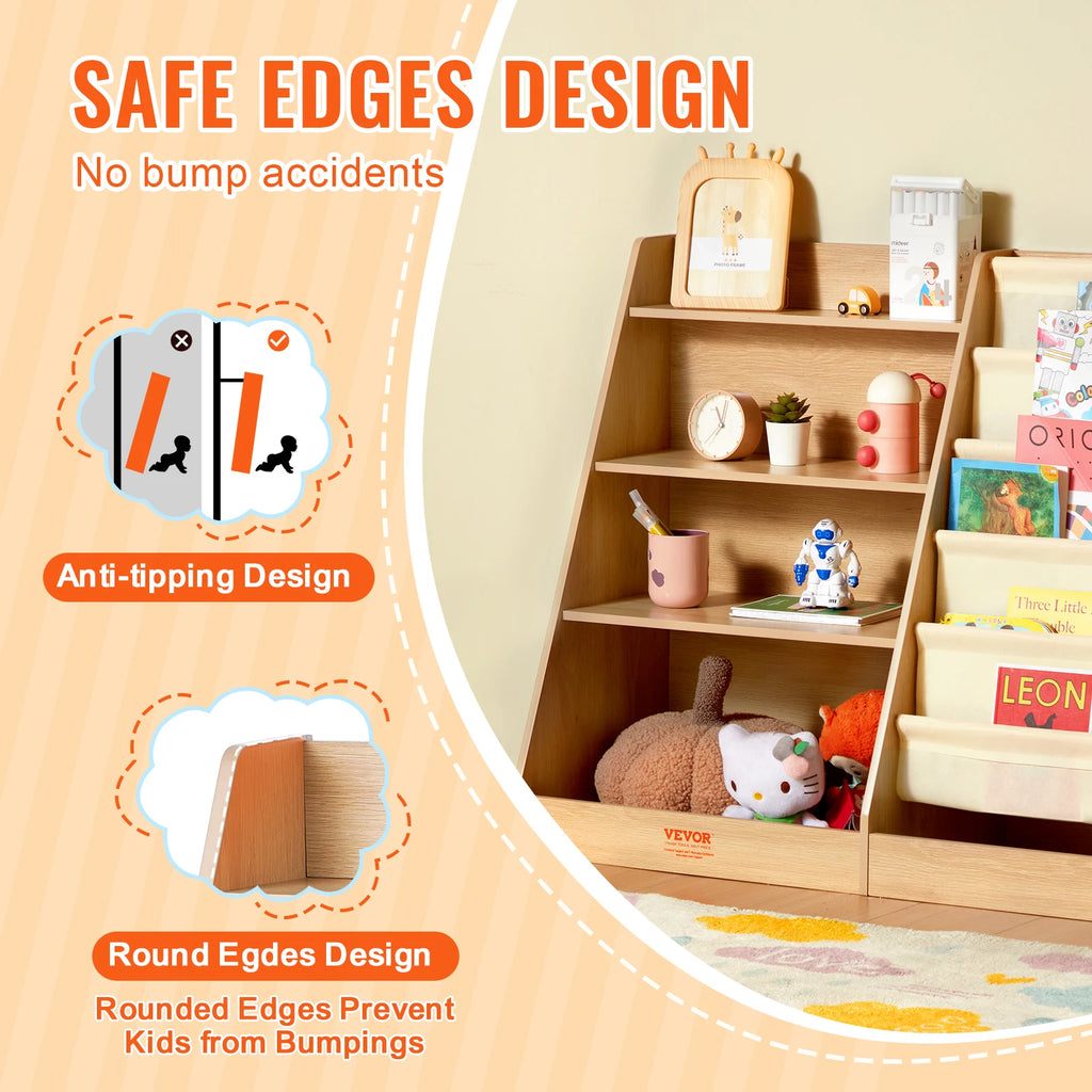 SucceBuy 4-Tier Kids Wooden Bookshelf 6-Layer Sling Bookcase Baby Storage Book Rack for Kids Room Playroom Kindergarten Nursery
