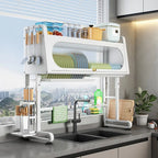 Over Sink Dish Rack Adjustable Height Sink Rack with Tableware Holder Hooks Chopping Board Holder Kitchen Storage for Drying