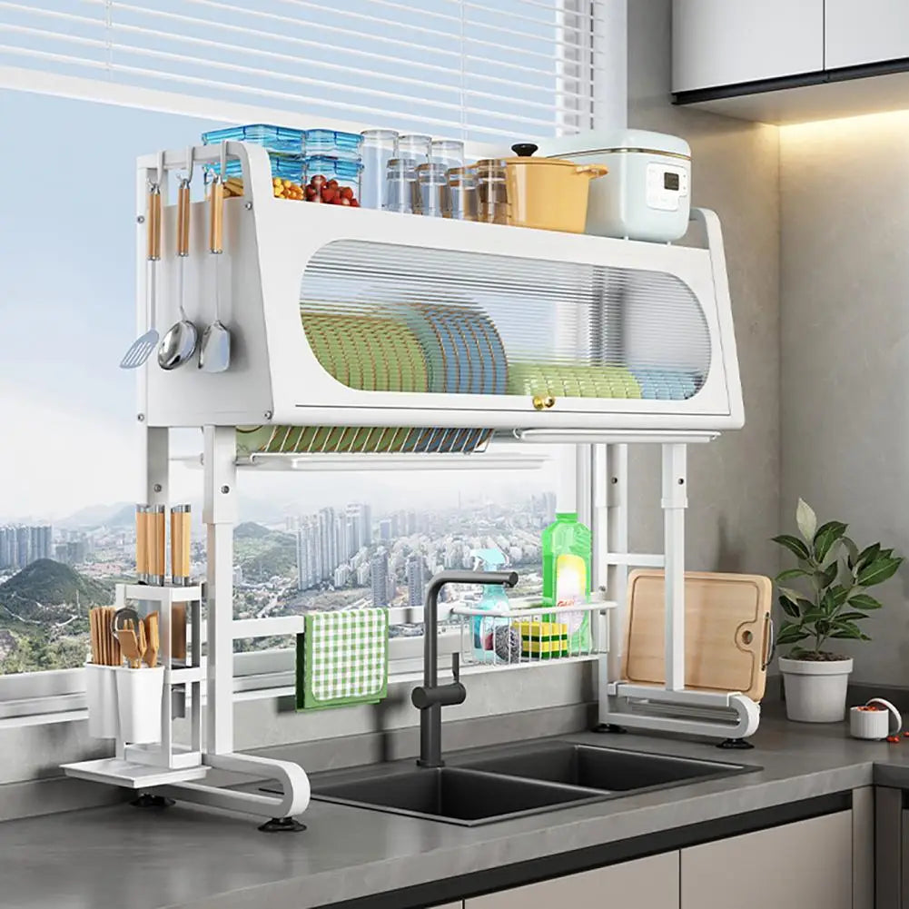 Over Sink Dish Rack Adjustable Height Sink Rack with Tableware Holder Hooks Chopping Board Holder Kitchen Storage for Drying