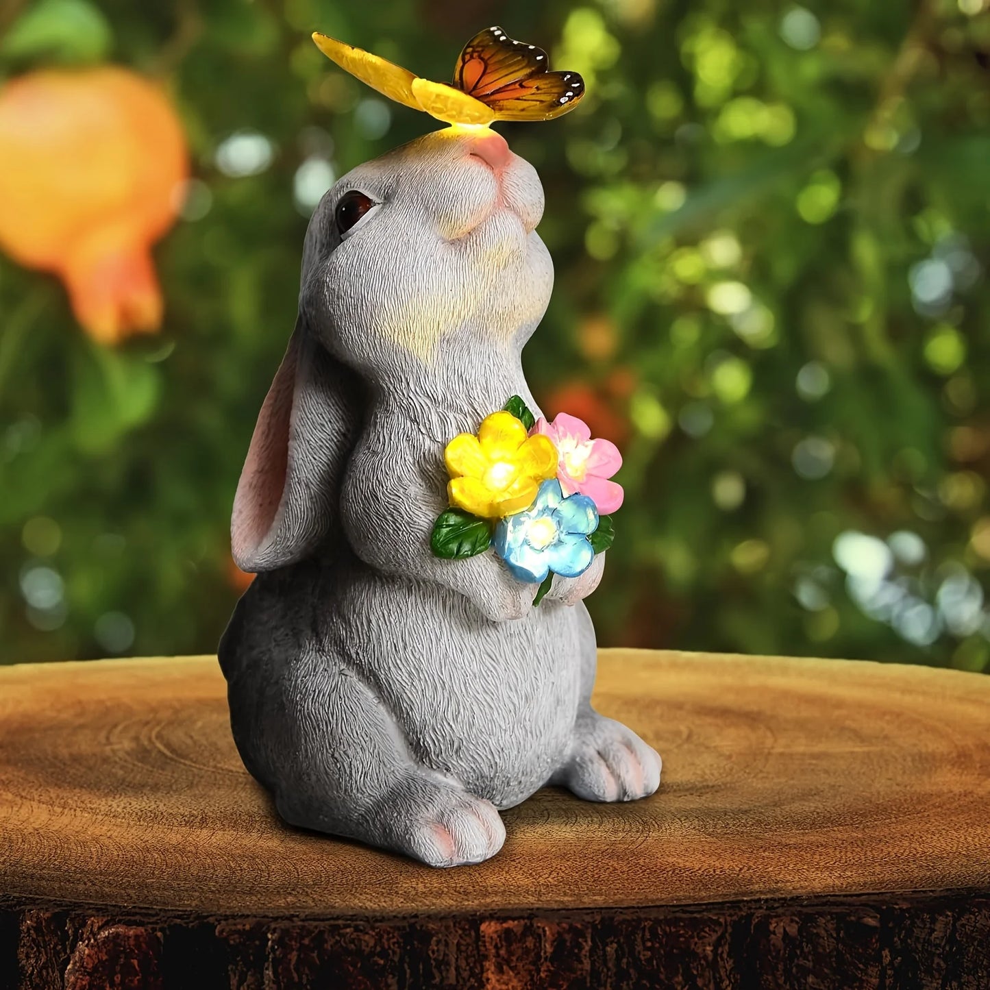 Outdoor Rabbit Statue Decoration With Solar Powered Butterfly Light Resin Art Deco Rabbit Figurine For Garden Lawn Patio