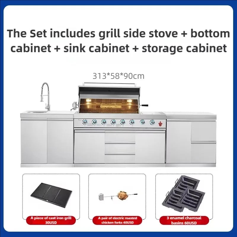 Customized Luxurious Outdoor Modular Kitchen with Stainless Steel BBQ Oven Fridge Trash Can for Courtyard Camping