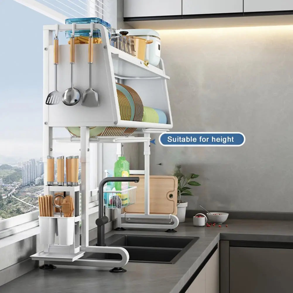 Over Sink Dish Rack Adjustable Height Sink Rack with Tableware Holder Hooks Chopping Board Holder Kitchen Storage for Drying