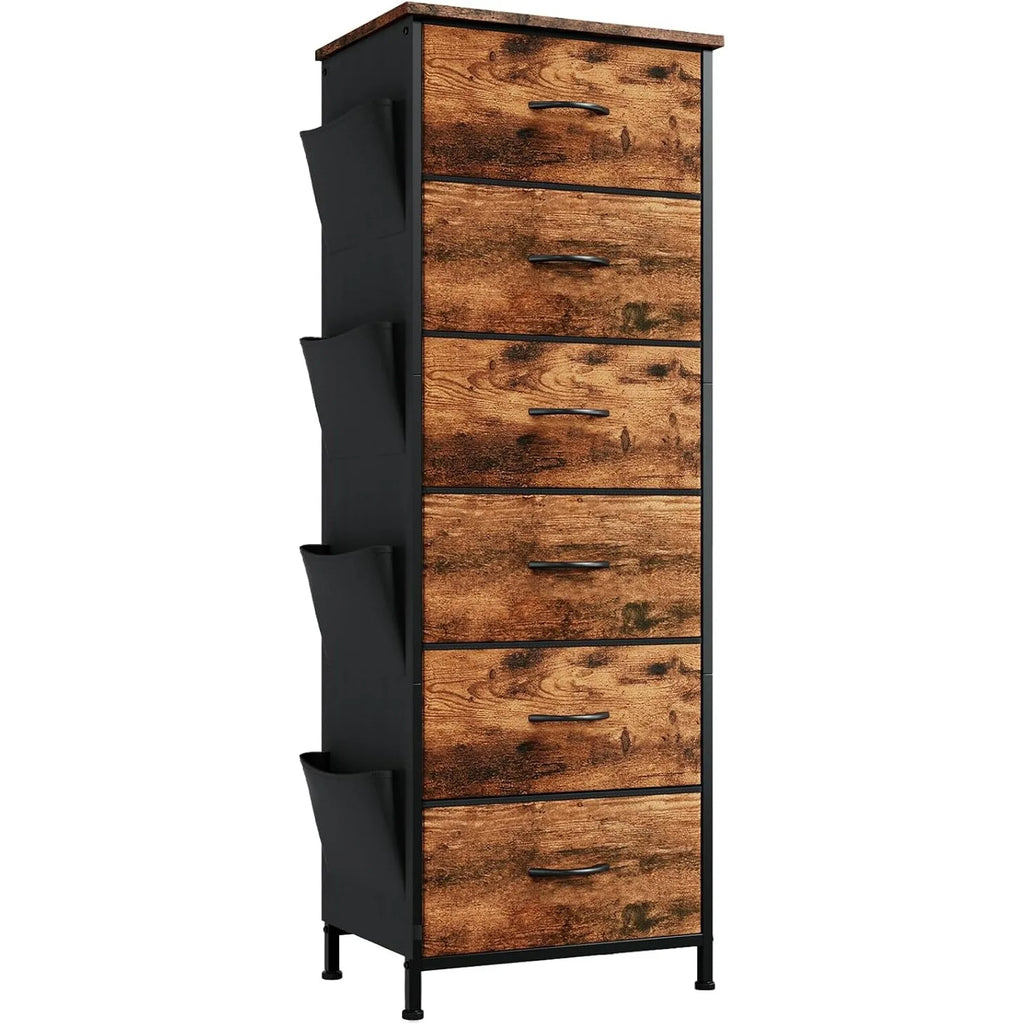 Tall Dresser for Bedroom with 6 Drawers and Side Pockets, Storage Organizer Chest of Drawers with Fabric Bins for Closet