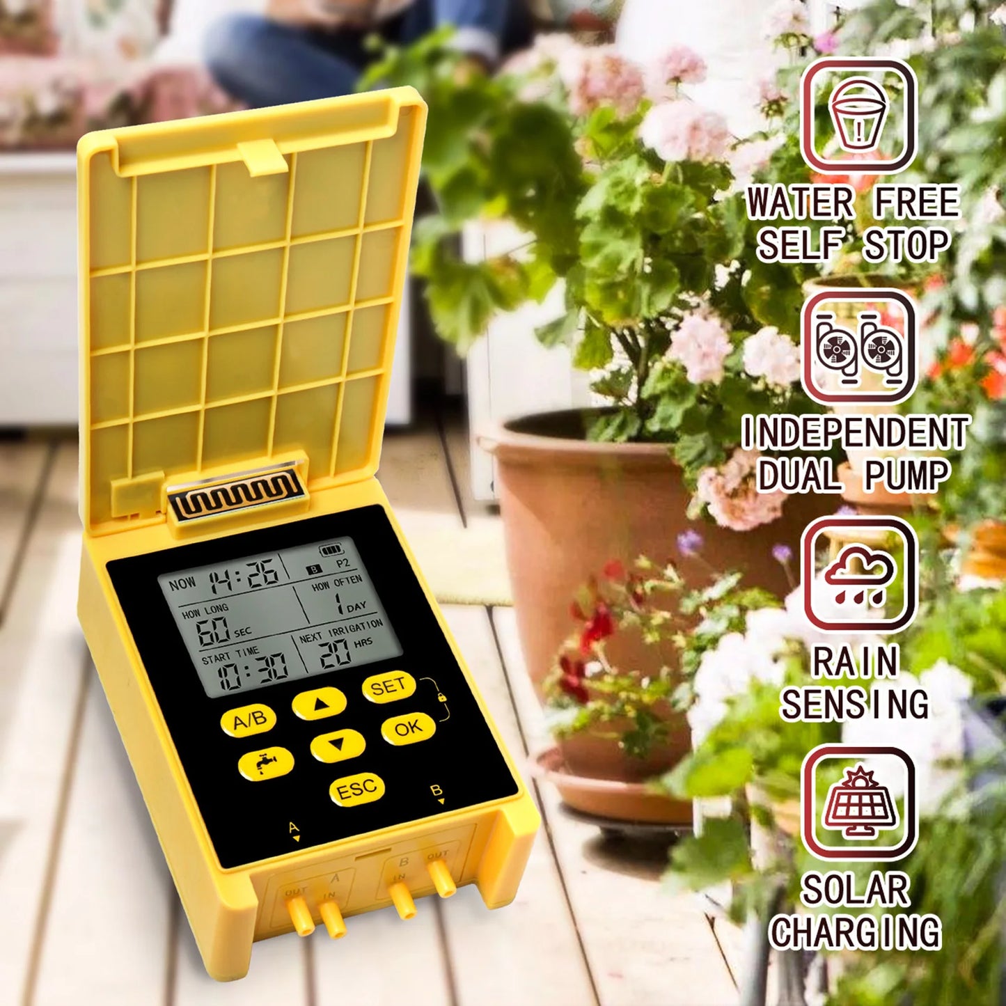 2 Group Automatic Watering System Dual Pump Solar Drip Irrigation System with Rain Sensing Digital Display Screen Child Lock