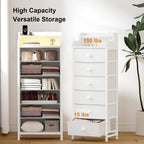 Dresser for Bedroom with Charging Station and LED Lights,6 Drawers Dresser White Chest of Drawers with Shelves, Tall Night Stand