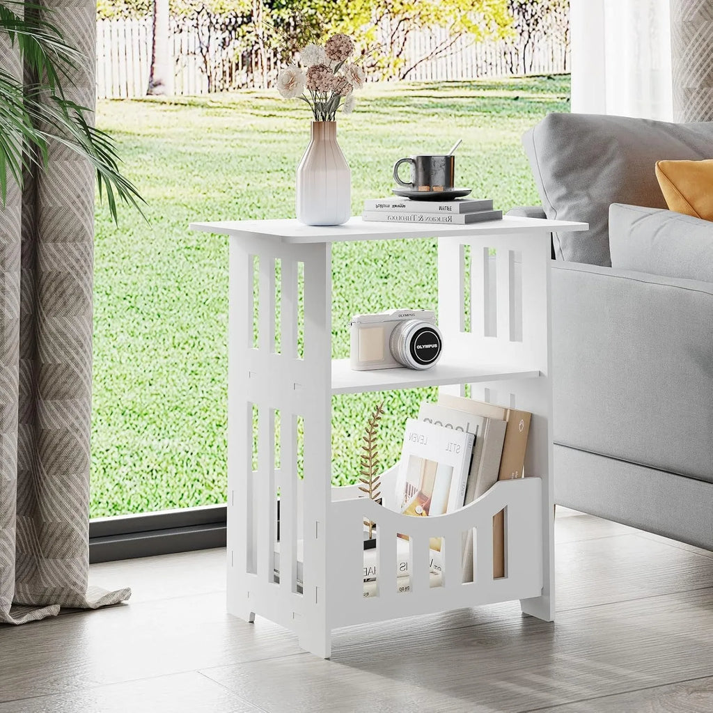 White Bedside Table B, Small End Table with Storage Shelf Basket, Side Table Small Spaces, Slim Coffee Tables, White Nightstand