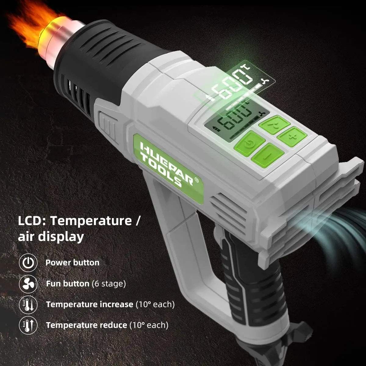 HUEPAR TOOLS Hot Air Gun 2300W 220V/110V Heat Gun with LCD Digital Display Hot Air Gun 122℉-1112℉(50℃-600℃) 10 Accessories